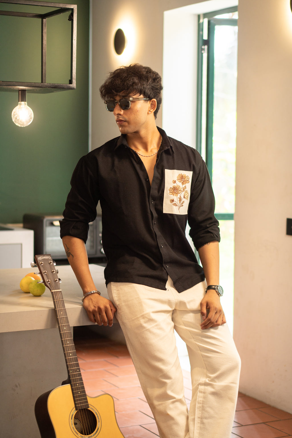The Patchwork Marigold RichBlack Relaxed Fit Linen Shirt