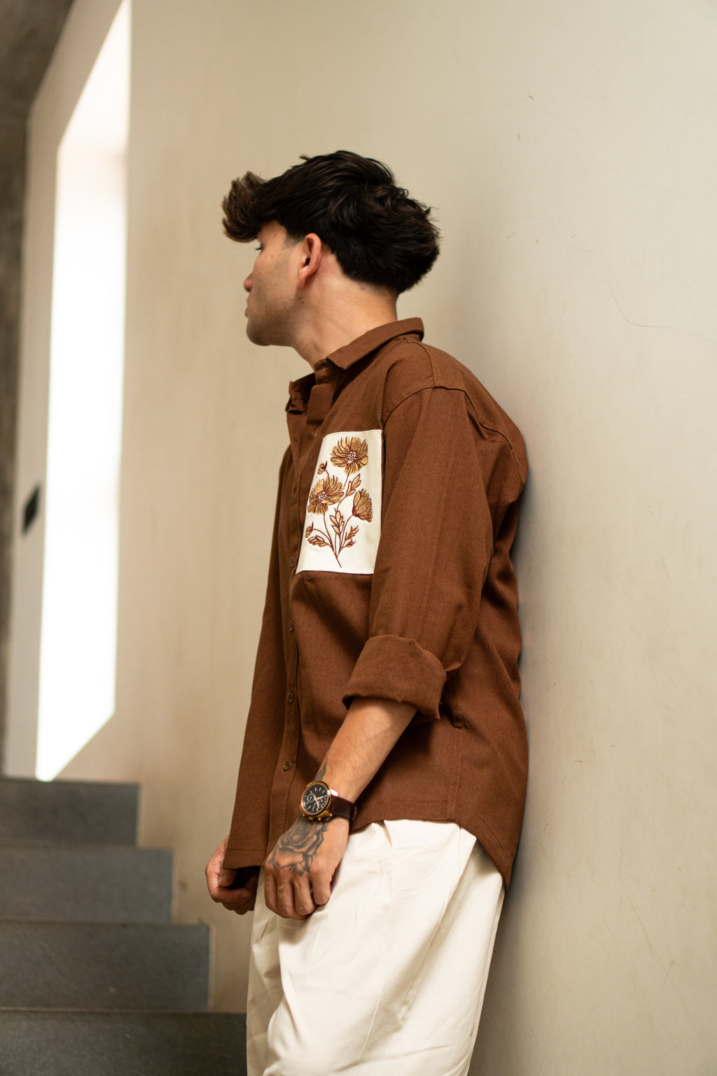 The Patchwork Marigold Brown Relaxed Fit Linen Shirt