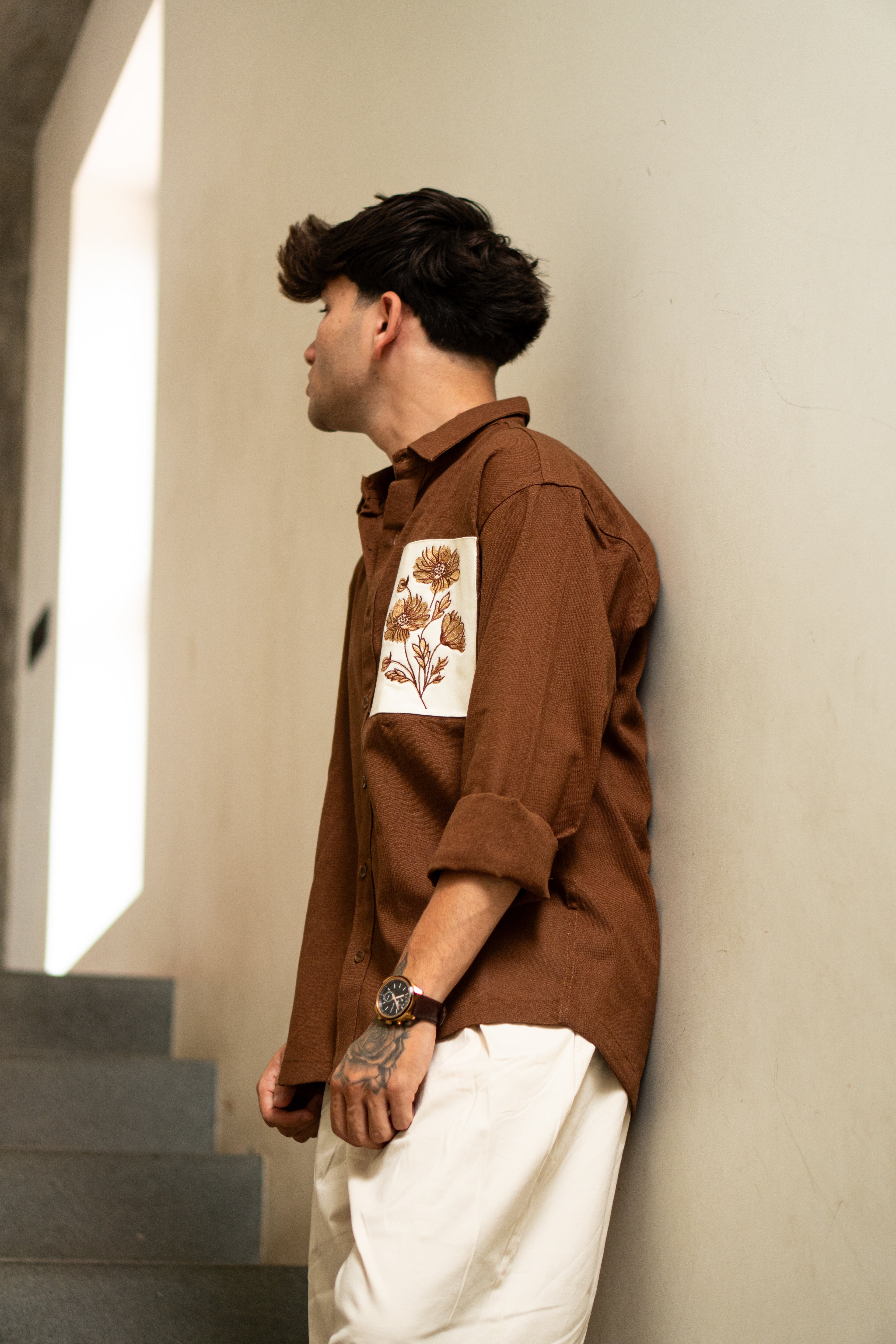The Patchwork Marigold Brown Relaxed Fit Linen Shirt