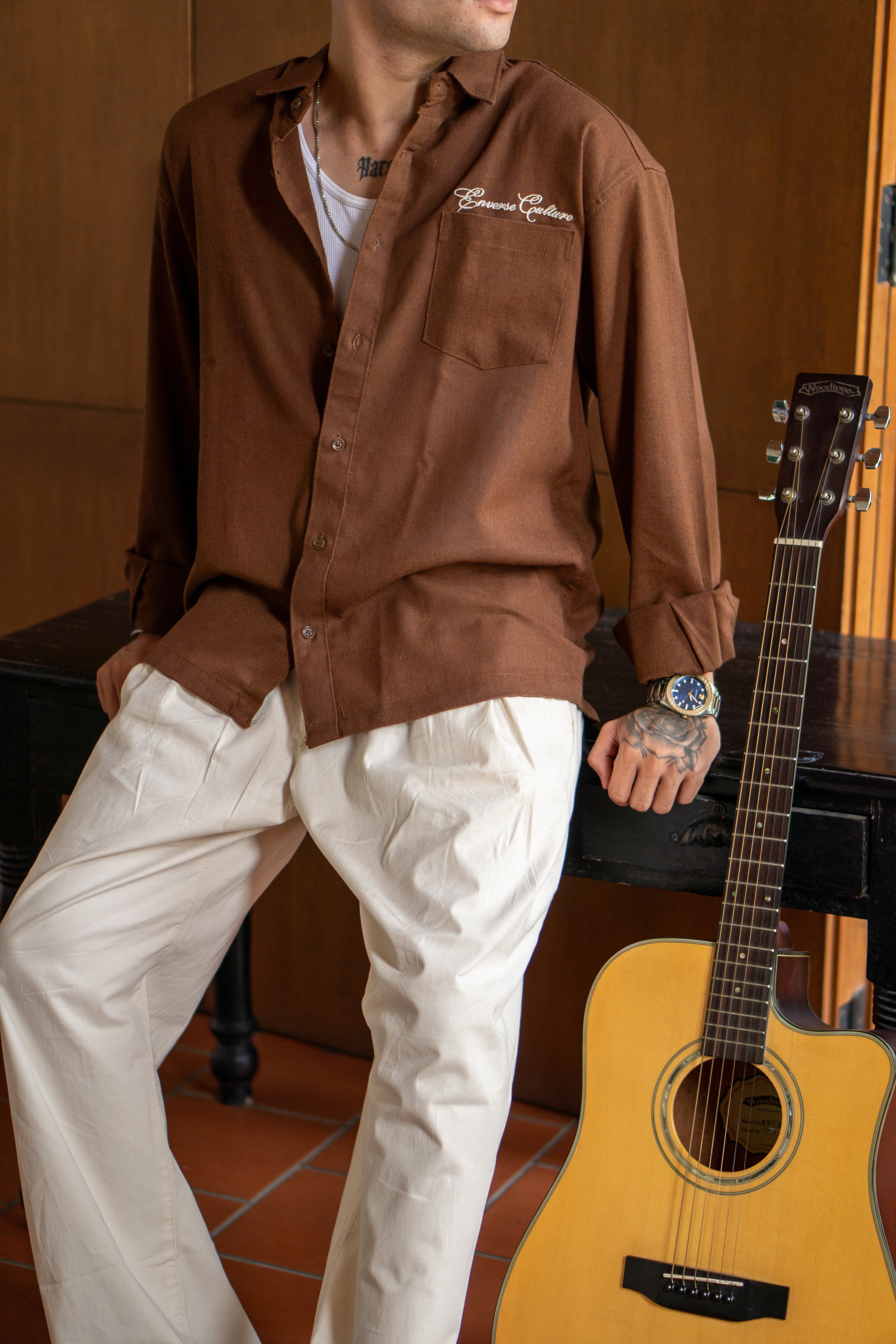 Enverse Culture Signature Resort Brown Relaxed Fit Linen Shirt