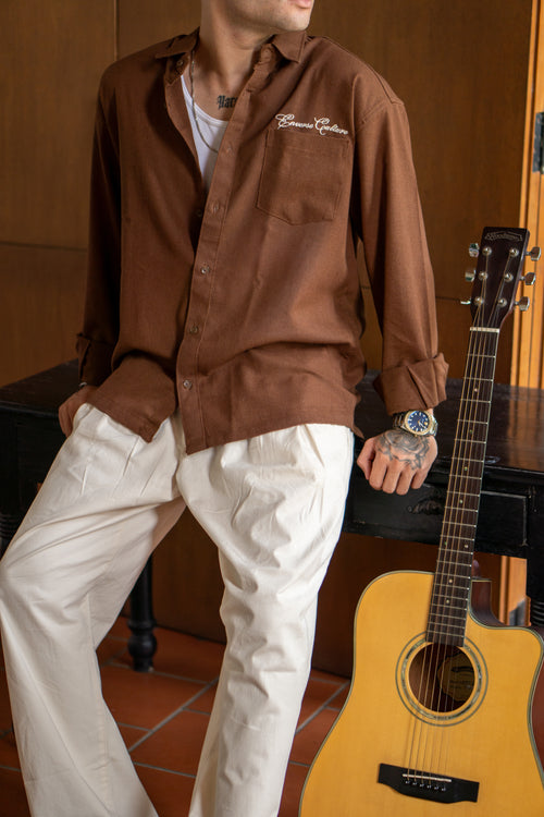 Enverse Culture Signature Resort Brown Relaxed Fit Linen Shirt