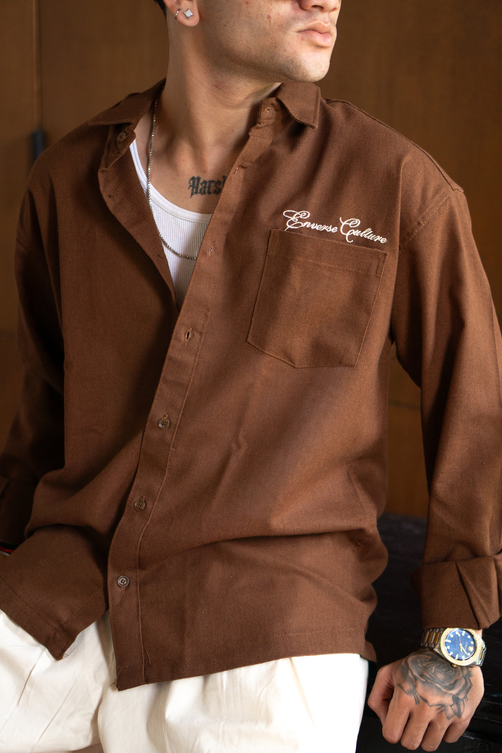 Enverse Culture Signature Resort Brown Relaxed Fit Linen Shirt