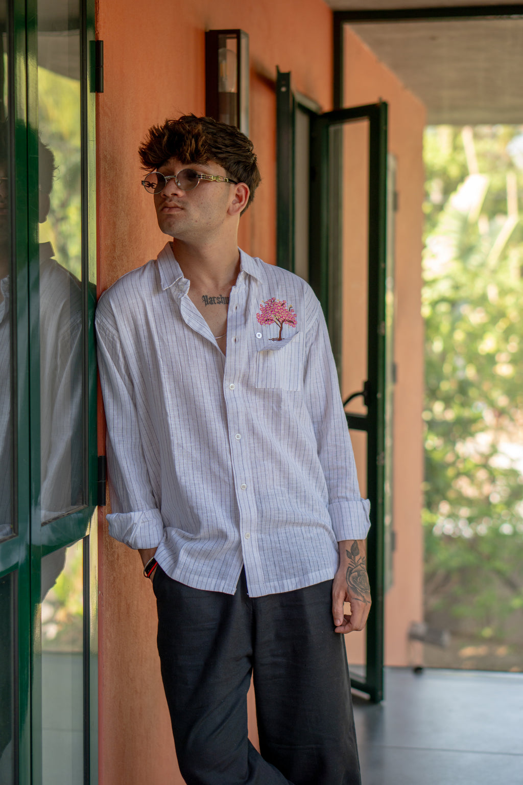 Cherry Blossom Pinstripe Relaxed Fit Linen Shirt