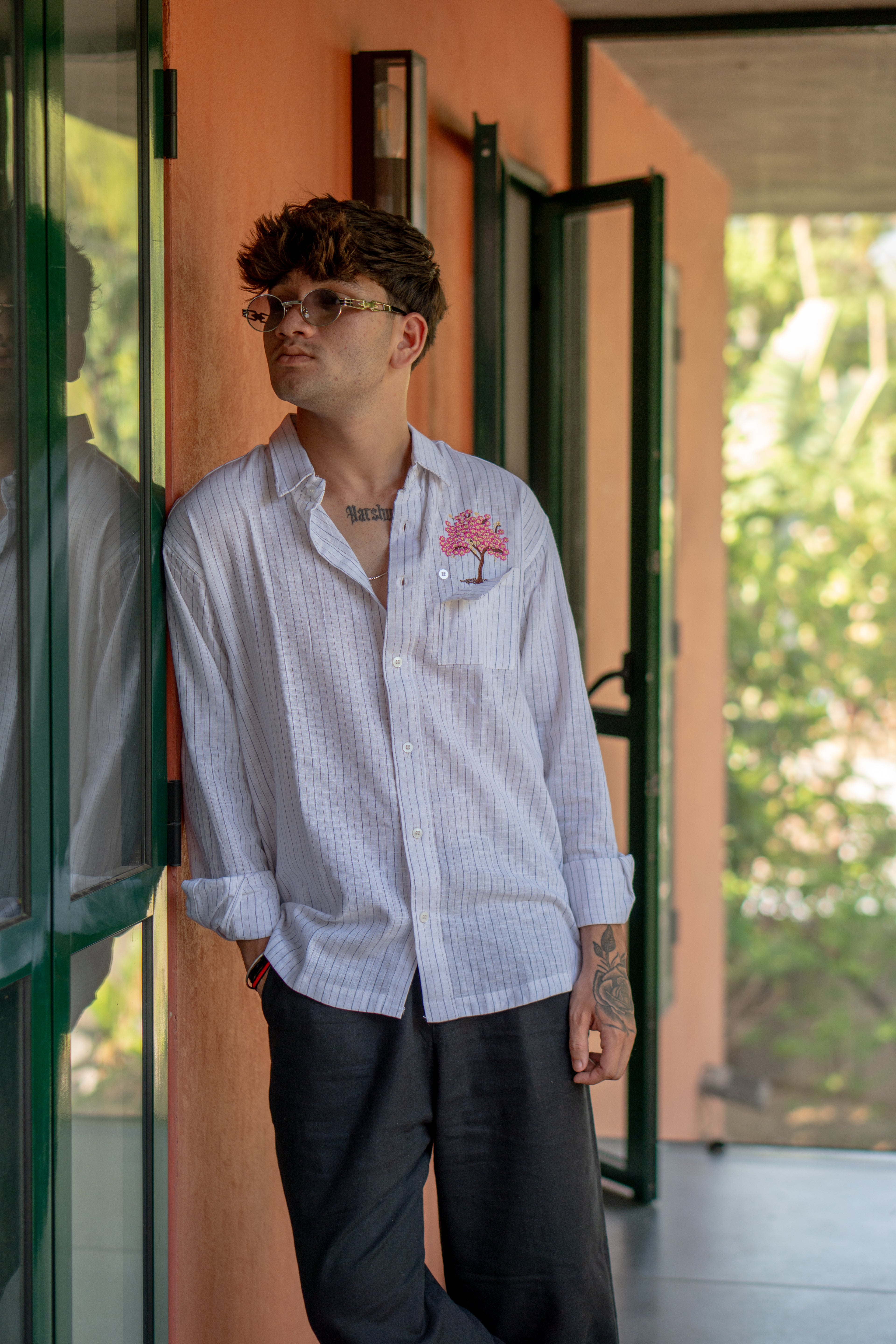 Cherry Blossom Pinstripe Relaxed Fit Linen Shirt
