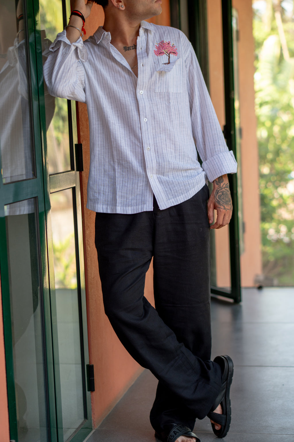 Cherry Blossom Pinstripe Relaxed Fit Linen Shirt