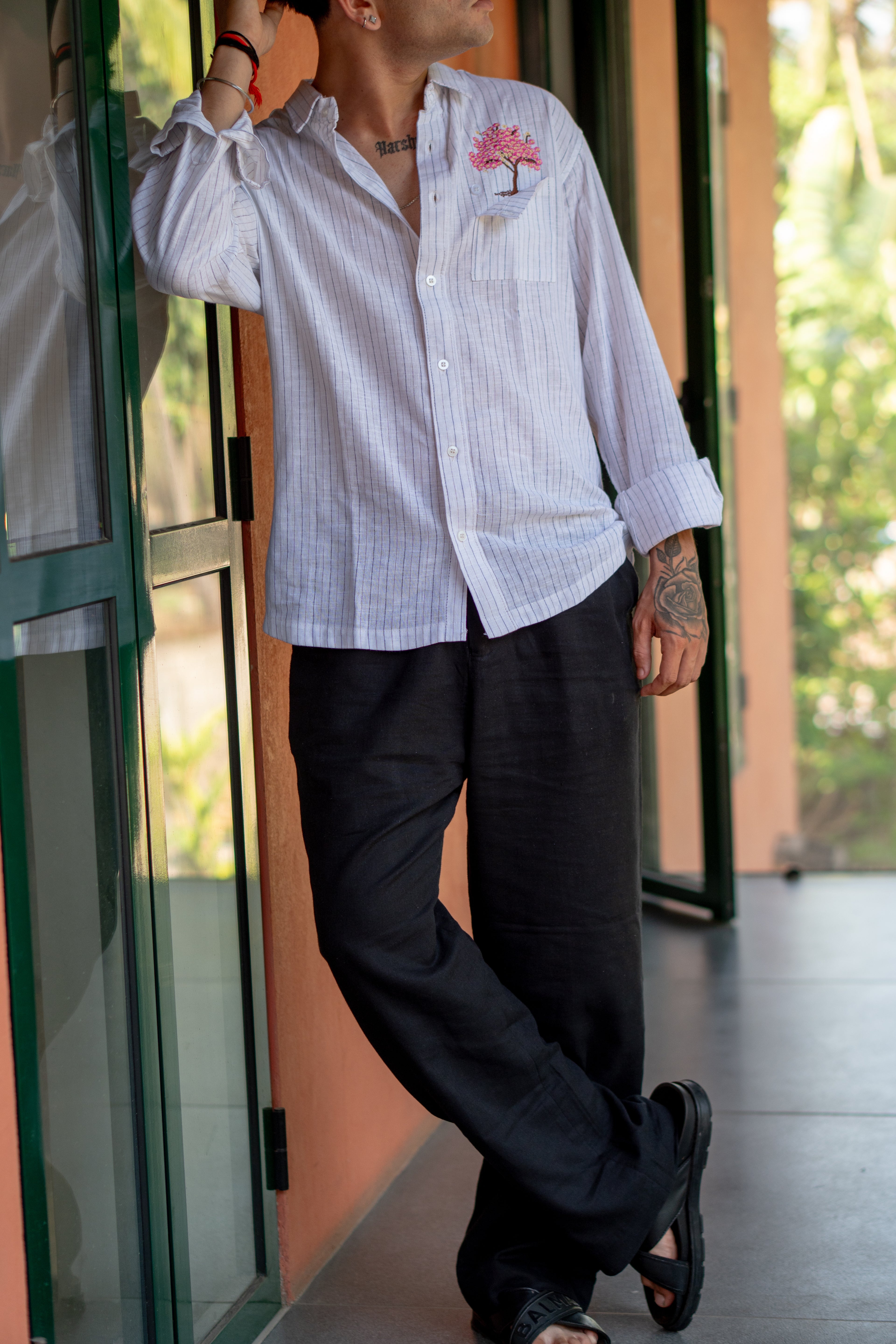 Cherry Blossom Pinstripe Relaxed Fit Linen Shirt