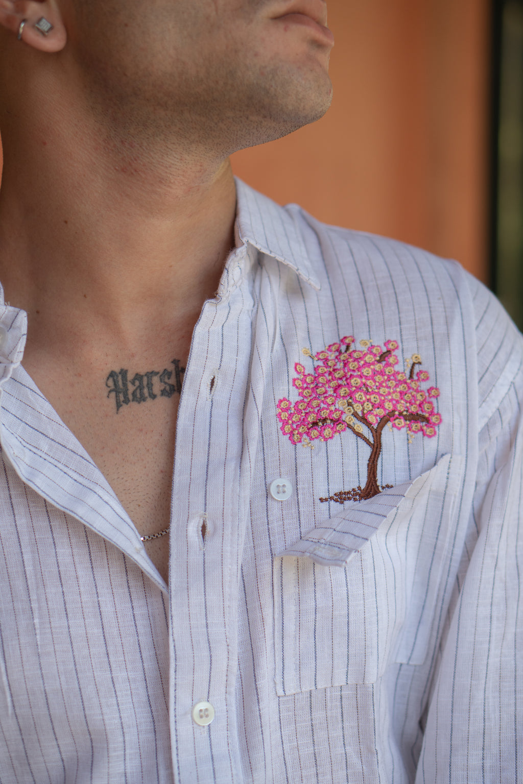 Cherry Blossom Pinstripe Relaxed Fit Linen Shirt