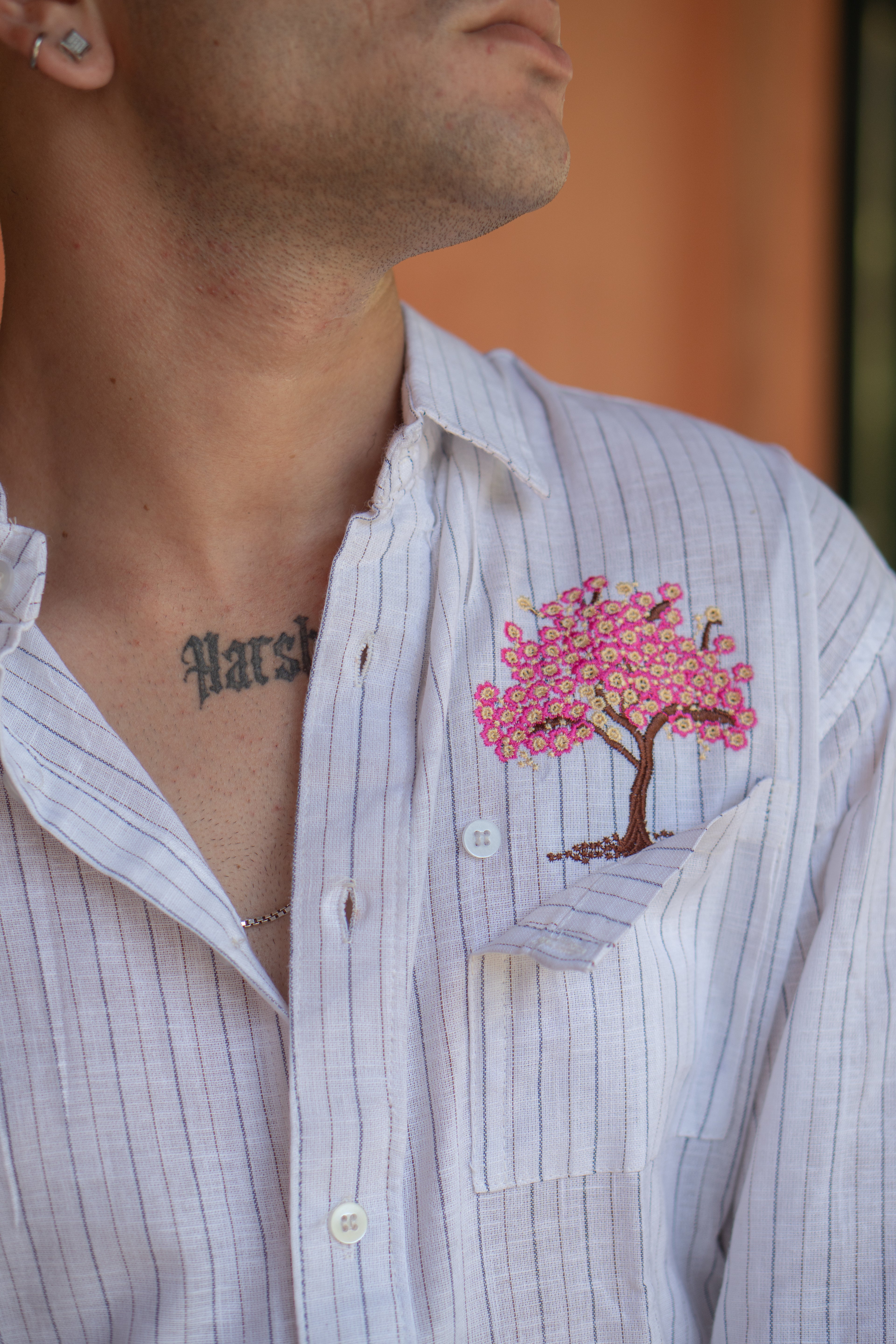 Cherry Blossom Pinstripe Relaxed Fit Linen Shirt