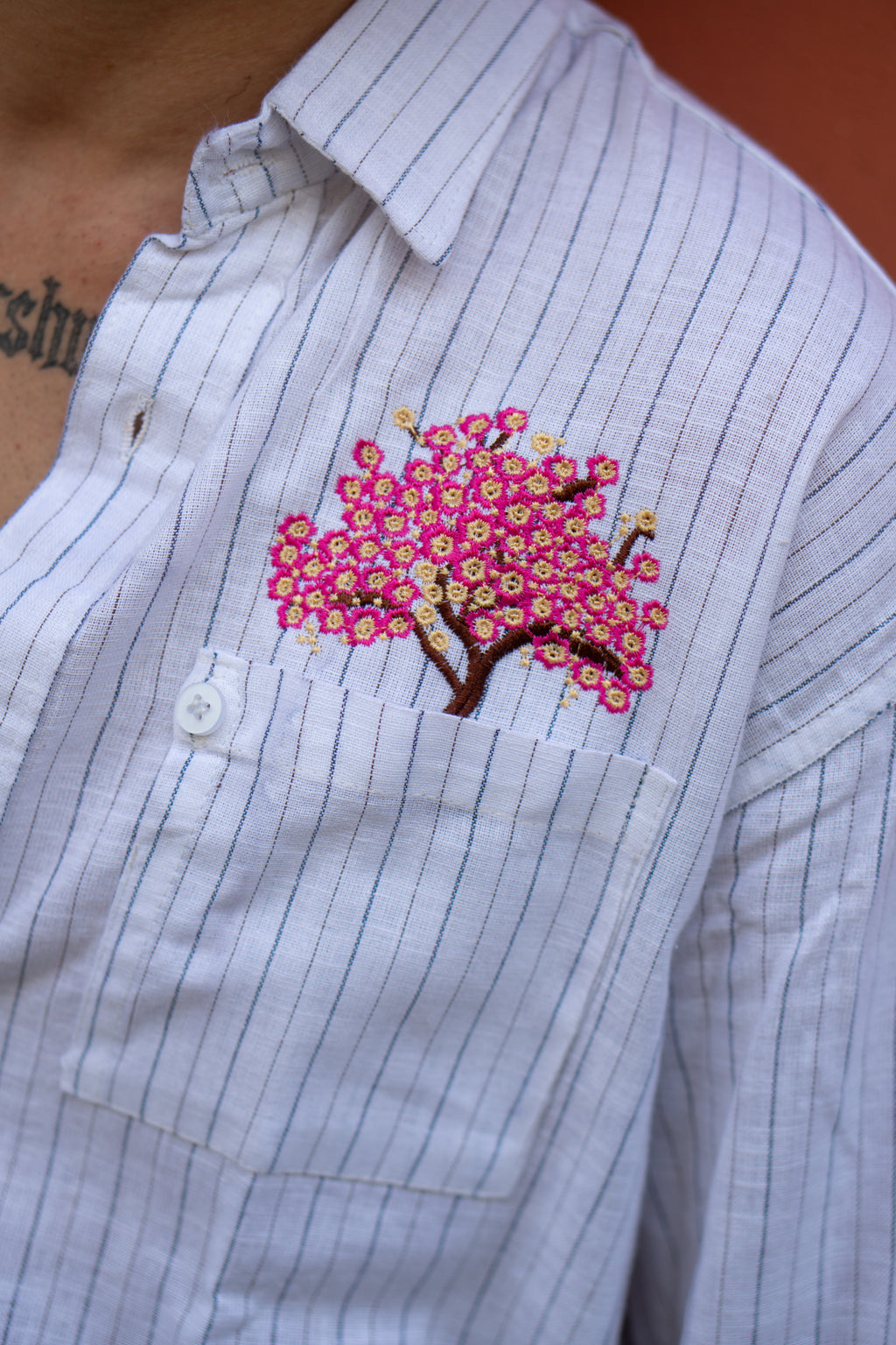 Cherry Blossom Pinstripe Relaxed Fit Linen Shirt