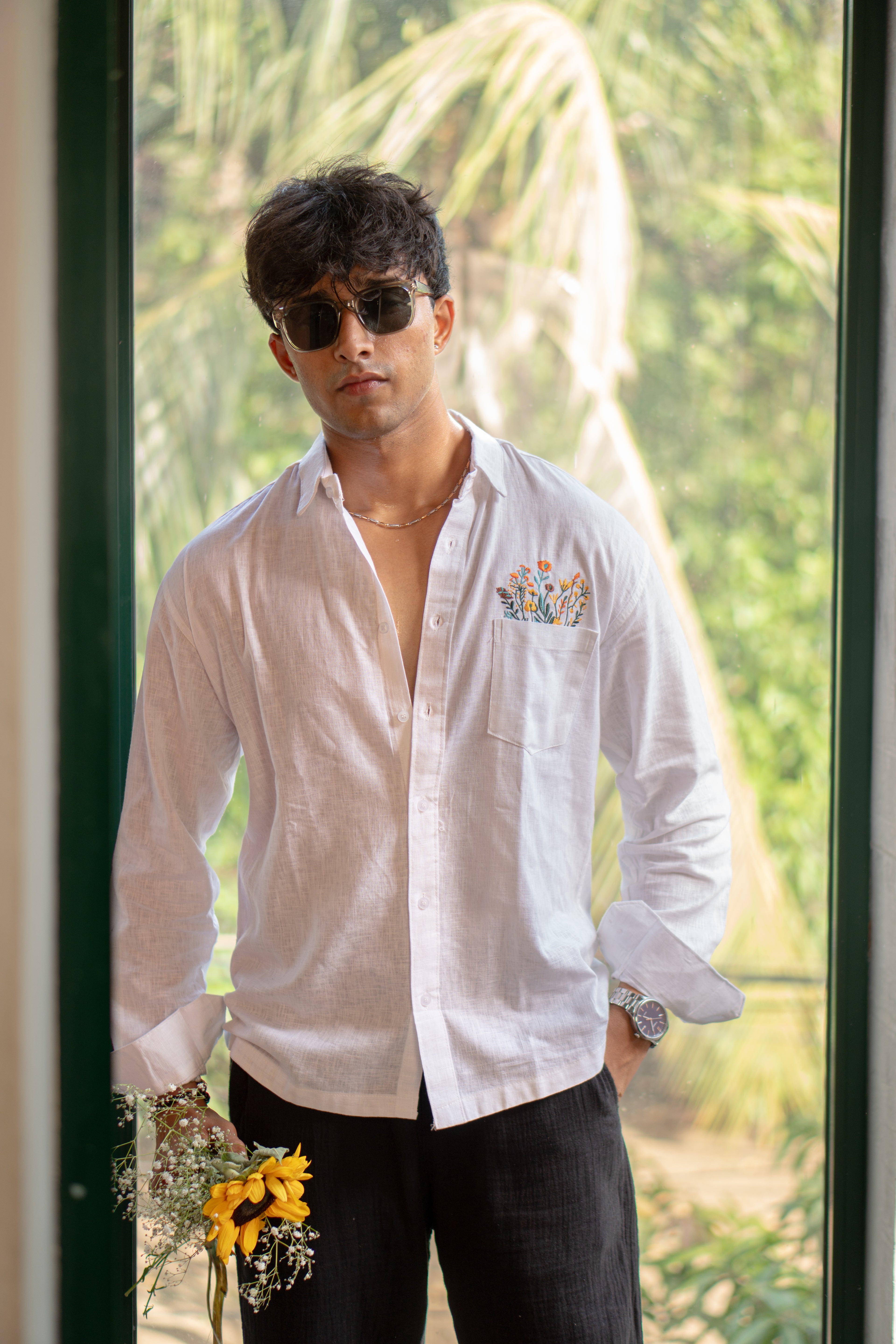 The Petal Minimalist White Relaxed Fit Linen Shirt