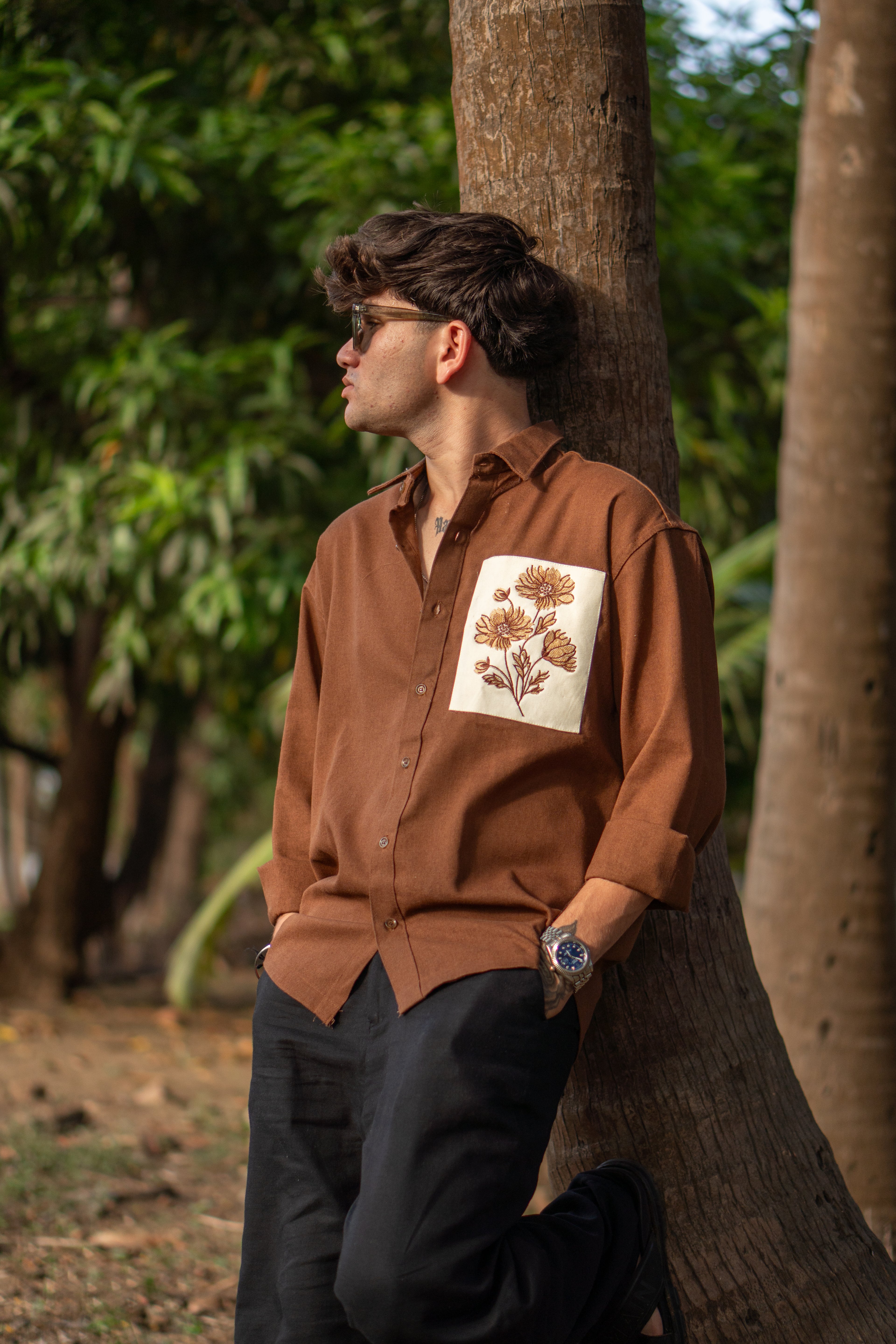 The Patchwork Marigold Brown Relaxed Fit Linen Shirt