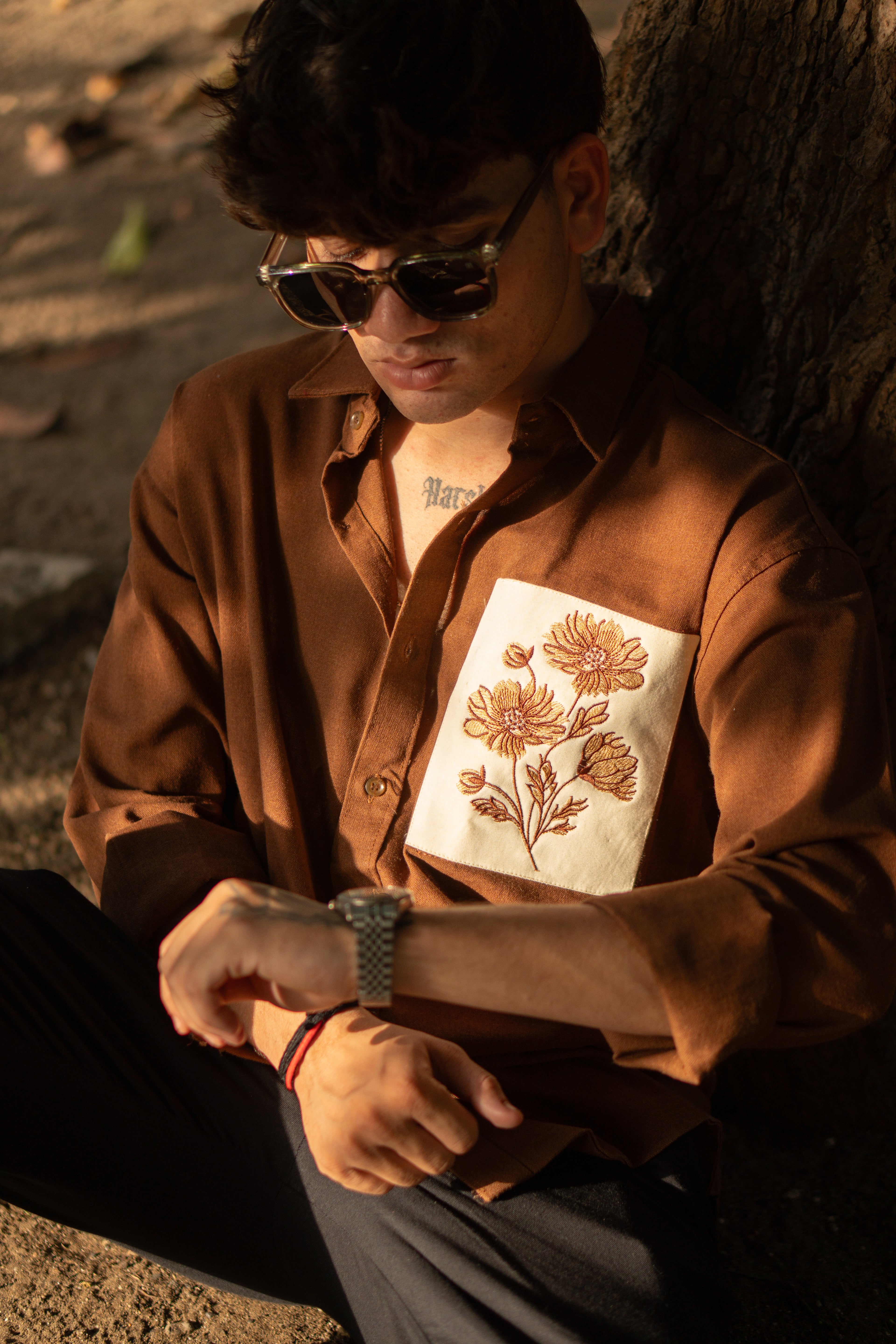 The Patchwork Marigold Brown Relaxed Fit Linen Shirt
